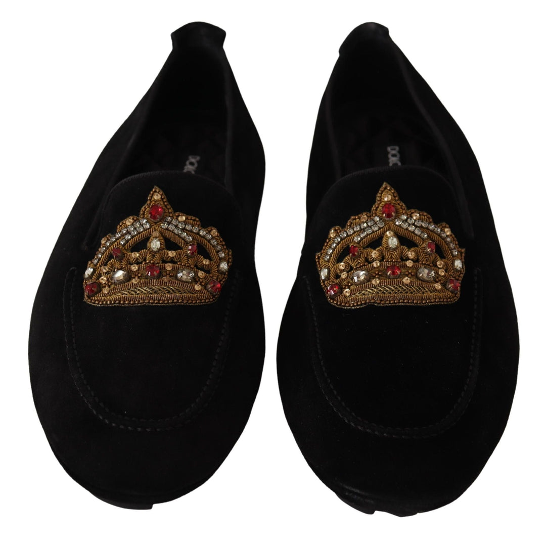 Men’s Dolce &amp; Gabbana Black Leather Crystal Gold Crown Loafers Shoes
