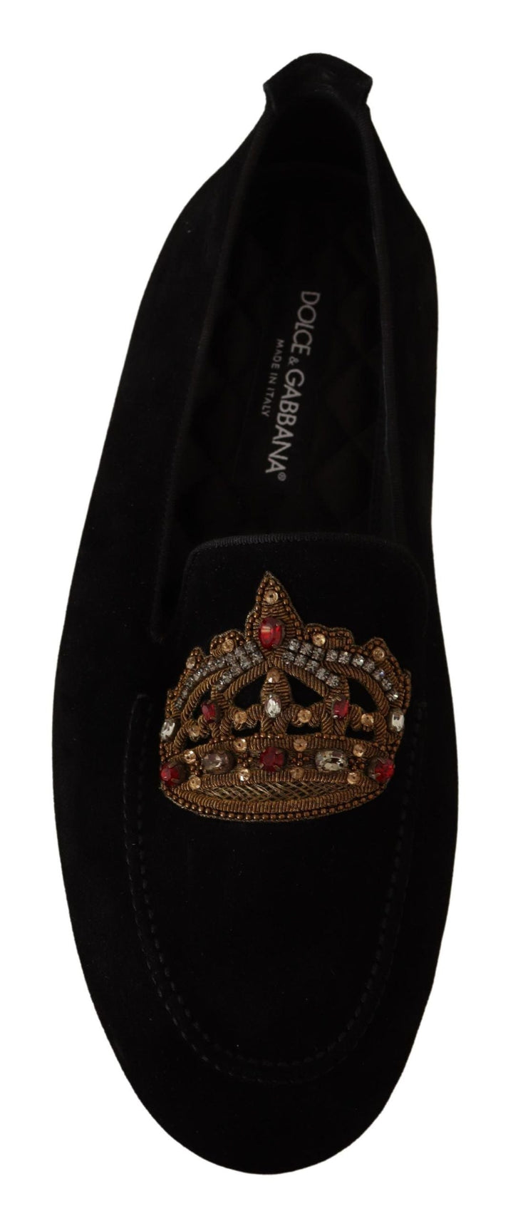 Men’s Dolce &amp; Gabbana Black Leather Crystal Gold Crown Loafers Shoes