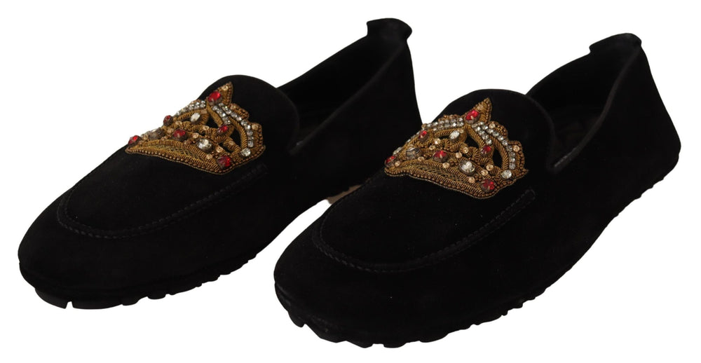 Men’s Dolce & Gabbana Black Leather Crystal Gold Crown Loafers Shoes