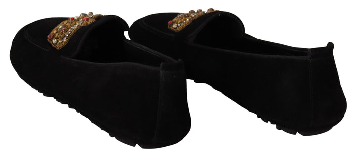 Men’s Dolce &amp; Gabbana Black Leather Crystal Gold Crown Loafers Shoes