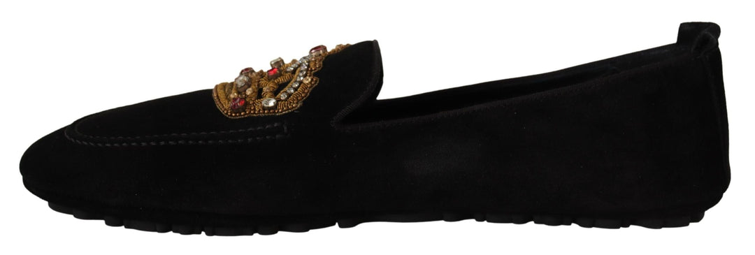 Men’s Dolce &amp; Gabbana Black Leather Crystal Gold Crown Loafers Shoes