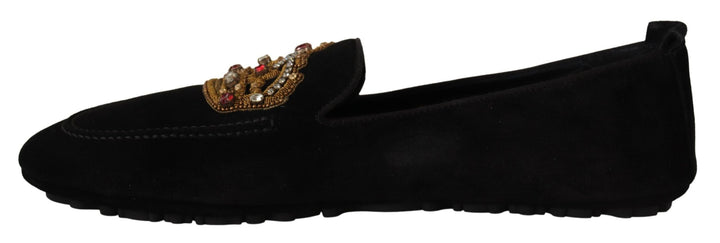 Men’s Dolce &amp; Gabbana Black Leather Crystal Gold Crown Loafers Shoes