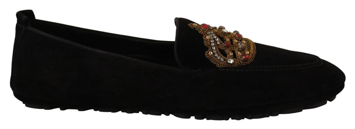 Men’s Dolce &amp; Gabbana Black Leather Crystal Gold Crown Loafers Shoes
