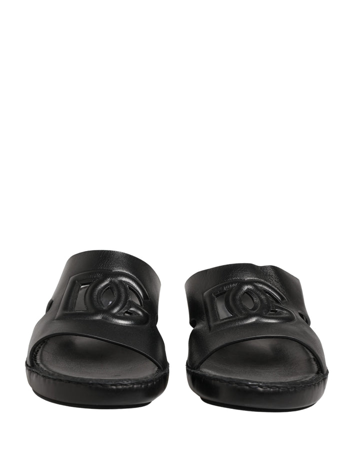 Dolce &amp; Gabbana Black Leather Cutout DG Logo Sandals Shoes