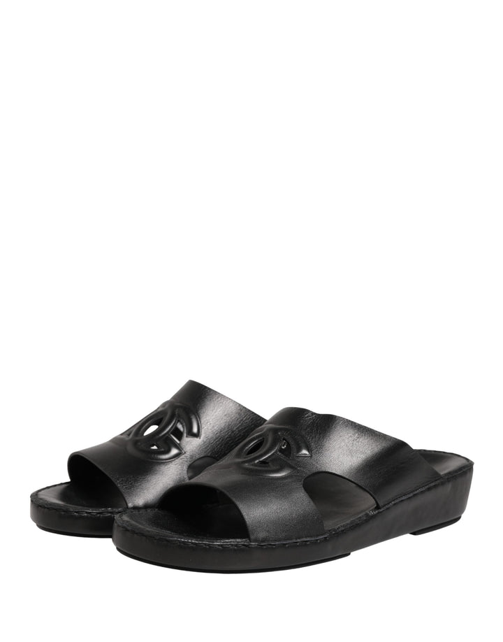 Dolce &amp; Gabbana Black Leather Cutout DG Logo Sandals Shoes