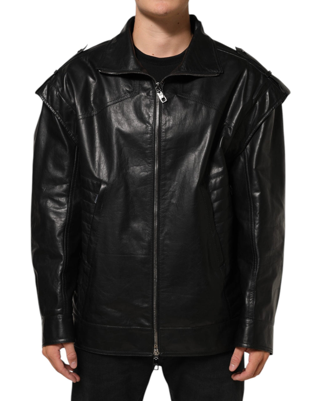 Men’s Dolce &amp; Gabbana Black Leather Full Zip Biker Blouson Jacket