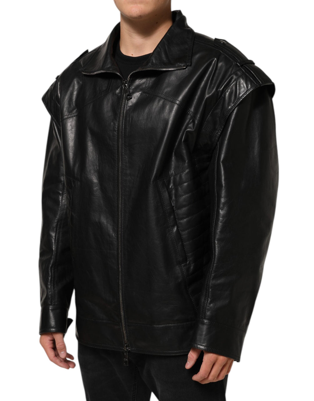 Men’s Dolce &amp; Gabbana Black Leather Full Zip Biker Blouson Jacket