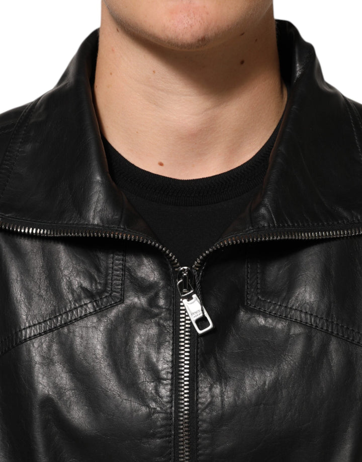 Men’s Dolce &amp; Gabbana Black Leather Full Zip Biker Blouson Jacket