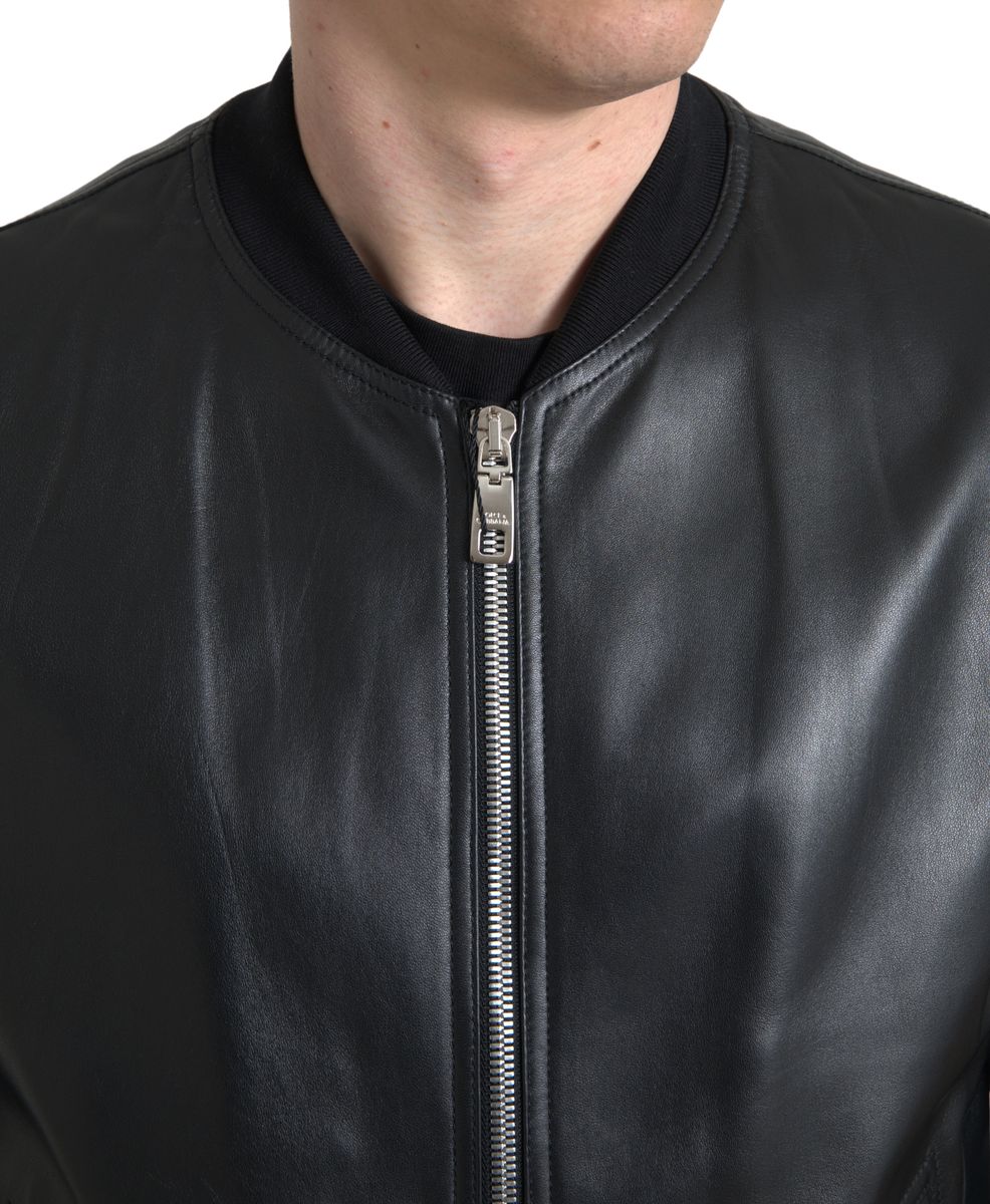 Men’s Dolce & Gabbana Black Leather Full Zip Bomber Men Jacket