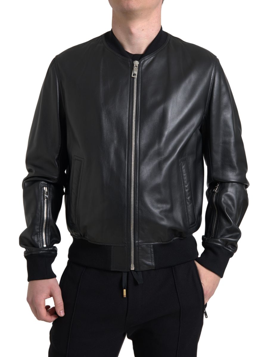 Men’s Dolce &amp; Gabbana Black Leather Full Zip Bomber Men Jacket
