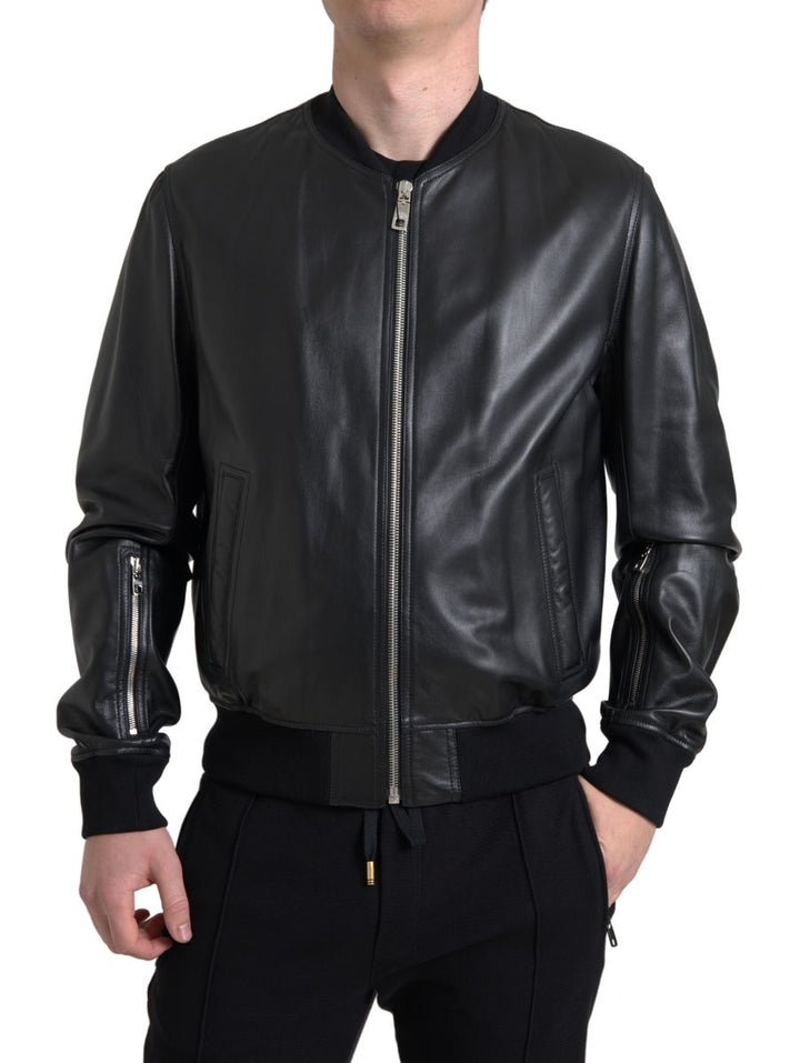 Men’s Dolce &amp; Gabbana Black Leather Full Zip Bomber Men Jacket