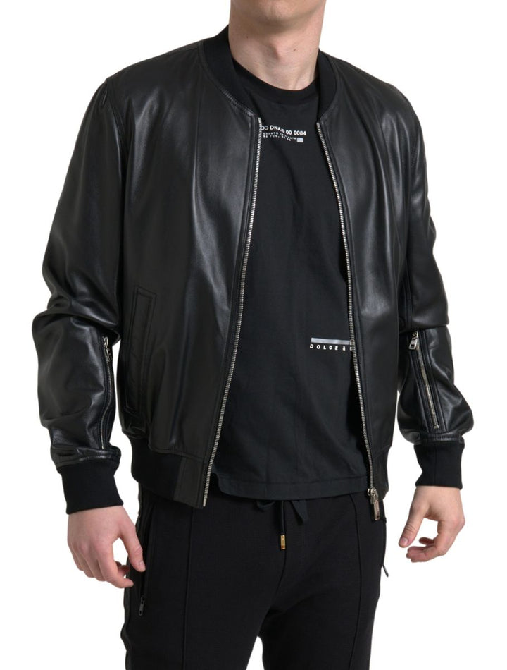 Men’s Dolce &amp; Gabbana Black Leather Full Zip Bomber Men Jacket