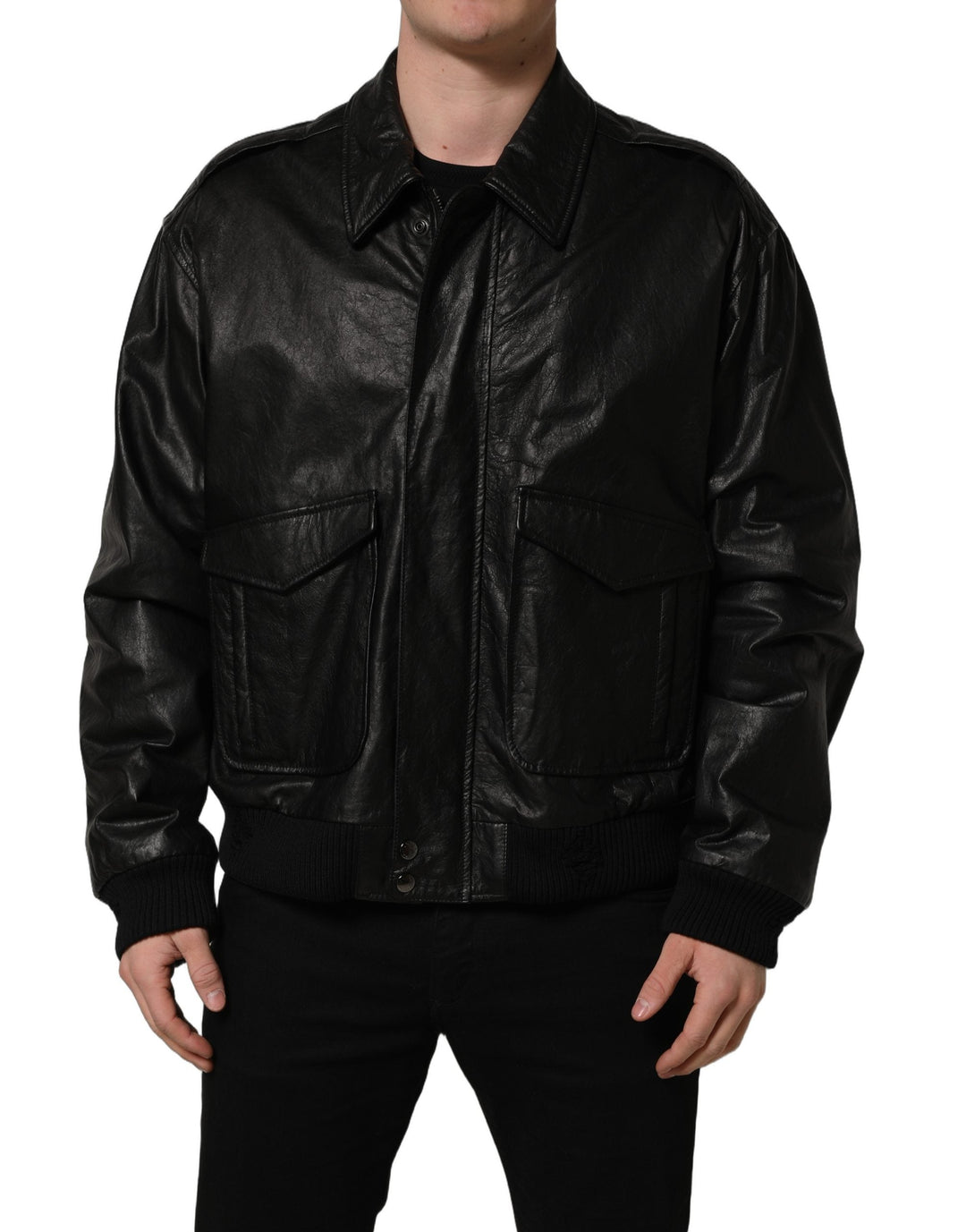 Men’s Dolce &amp; Gabbana Black Leather Full Zip Men Biker Jacket
