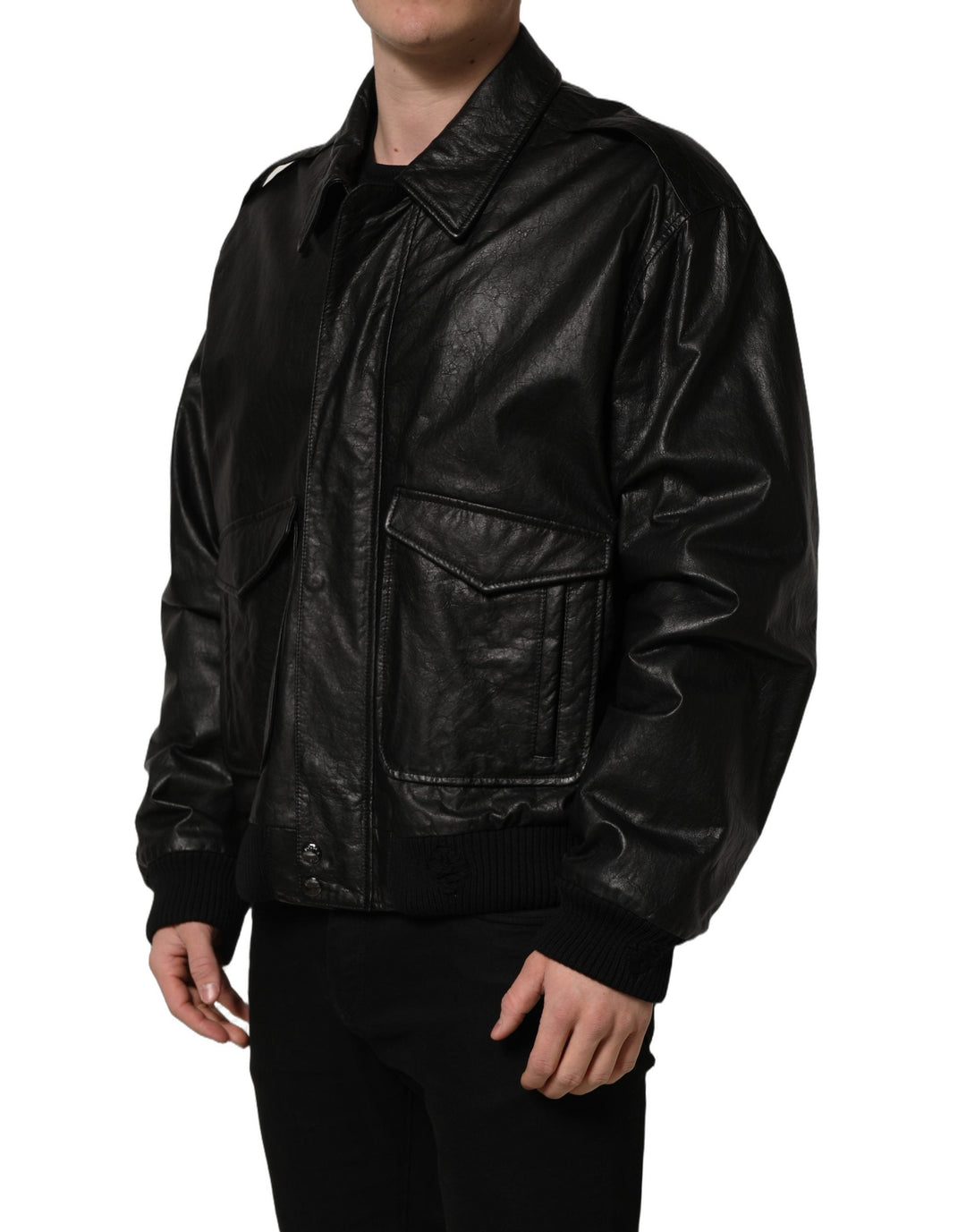 Men’s Dolce &amp; Gabbana Black Leather Full Zip Men Biker Jacket
