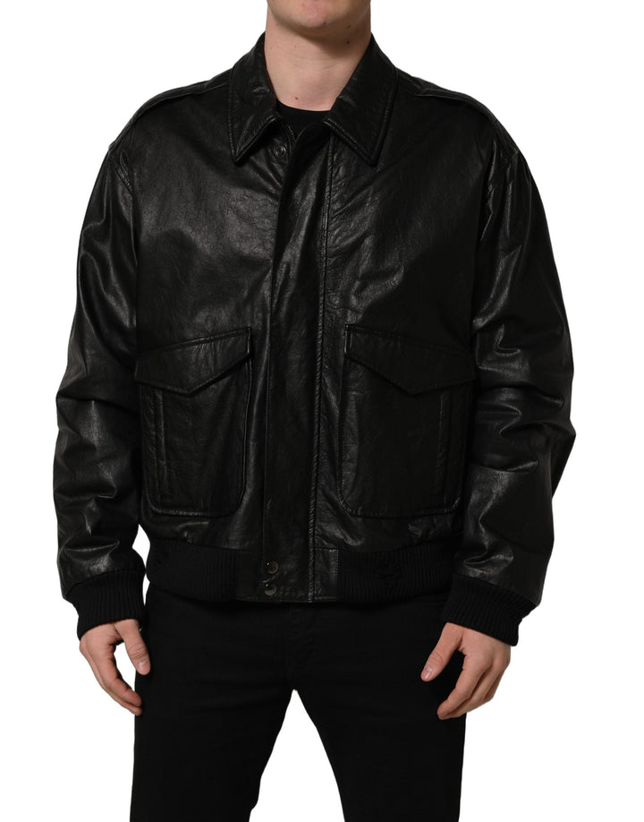 Men’s Dolce &amp; Gabbana Black Leather Full Zip Men Biker Jacket