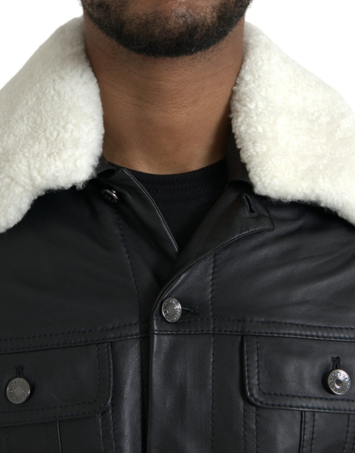 Men’s Dolce &amp; Gabbana Black Leather Fur Collar Biker Coat Jacket