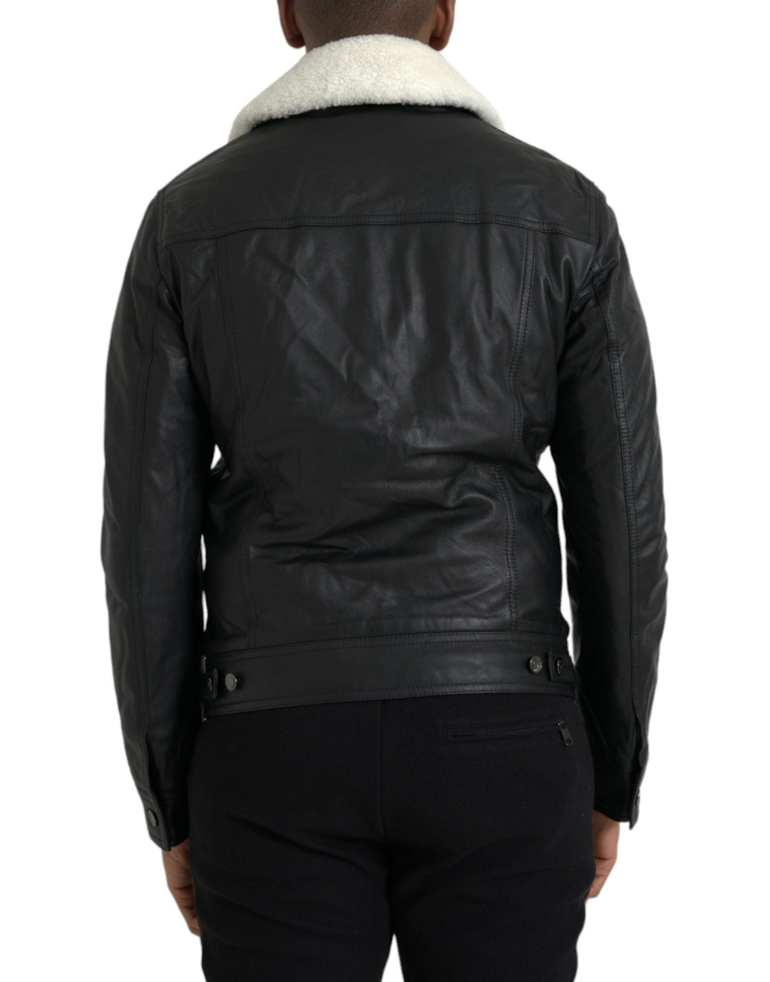 Men’s Dolce &amp; Gabbana Black Leather Fur Collar Biker Coat Jacket