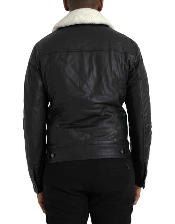 Men’s Dolce &amp; Gabbana Black Leather Fur Collar Biker Coat Jacket