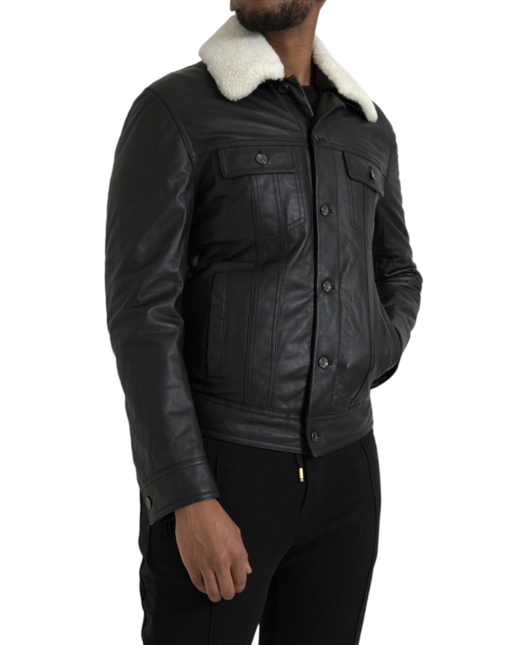 Men’s Dolce & Gabbana Black Leather Fur Collar Biker Coat Jacket