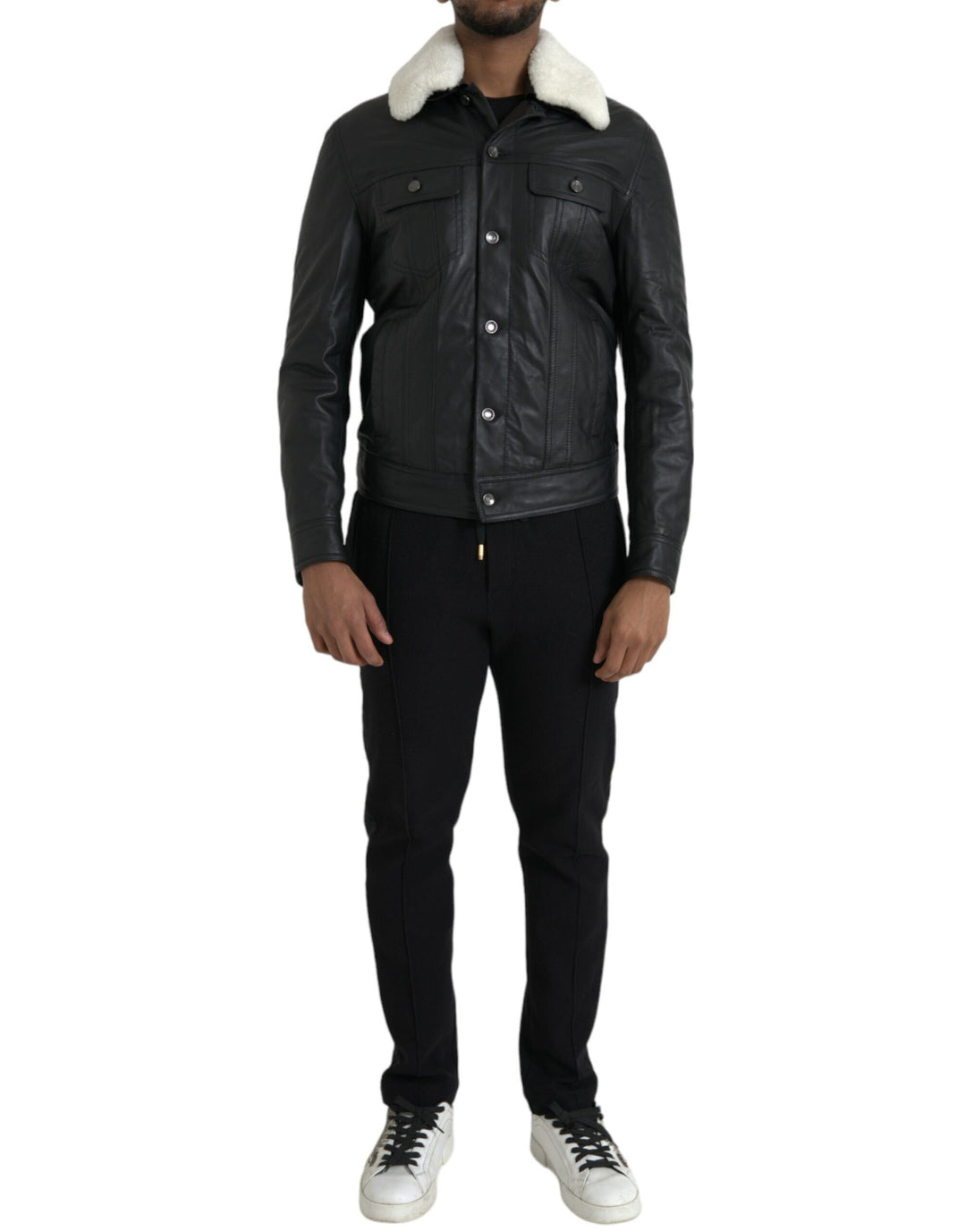 Men’s Dolce & Gabbana Black Leather Fur Collar Biker Coat Jacket