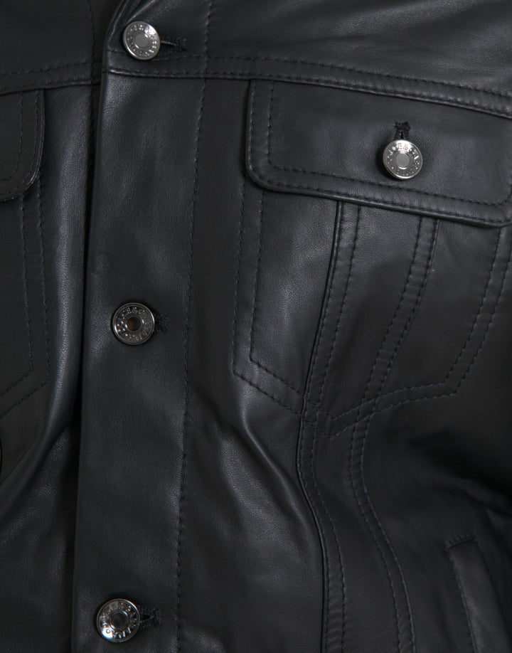 Men’s Dolce &amp; Gabbana Black Leather Fur Collar Biker Coat Jacket