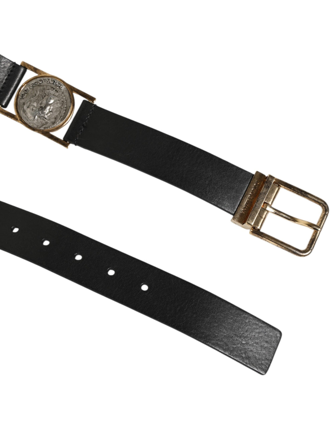 Dolce &amp; Gabbana Black Leather Gold Silver Coin Buckle Belt