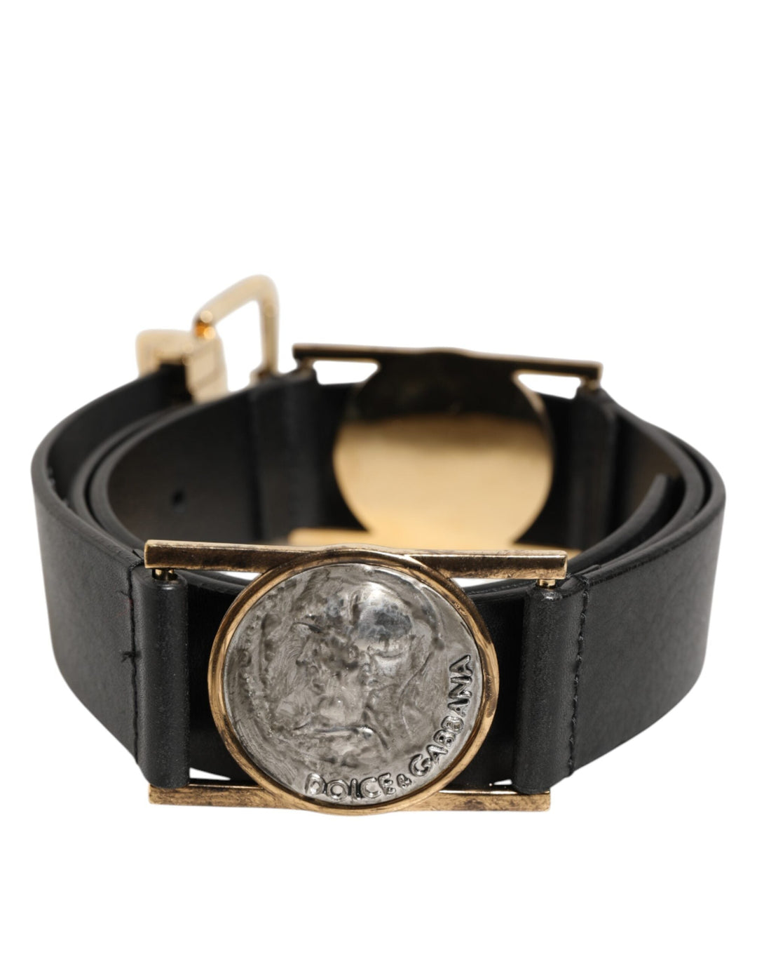 Dolce &amp; Gabbana Black Leather Gold Silver Coin Buckle Belt