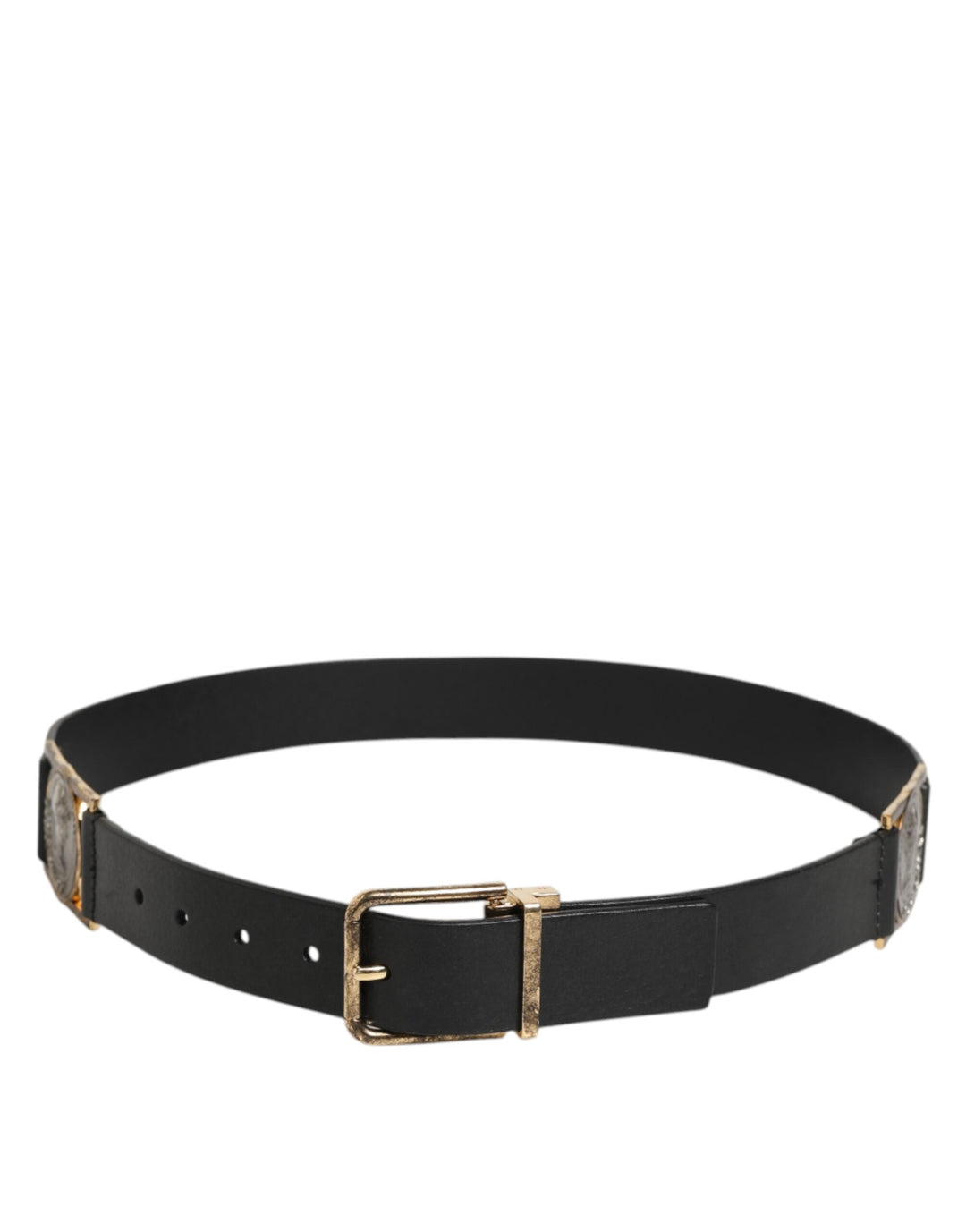 Dolce &amp; Gabbana Black Leather Gold Silver Coin Buckle Belt