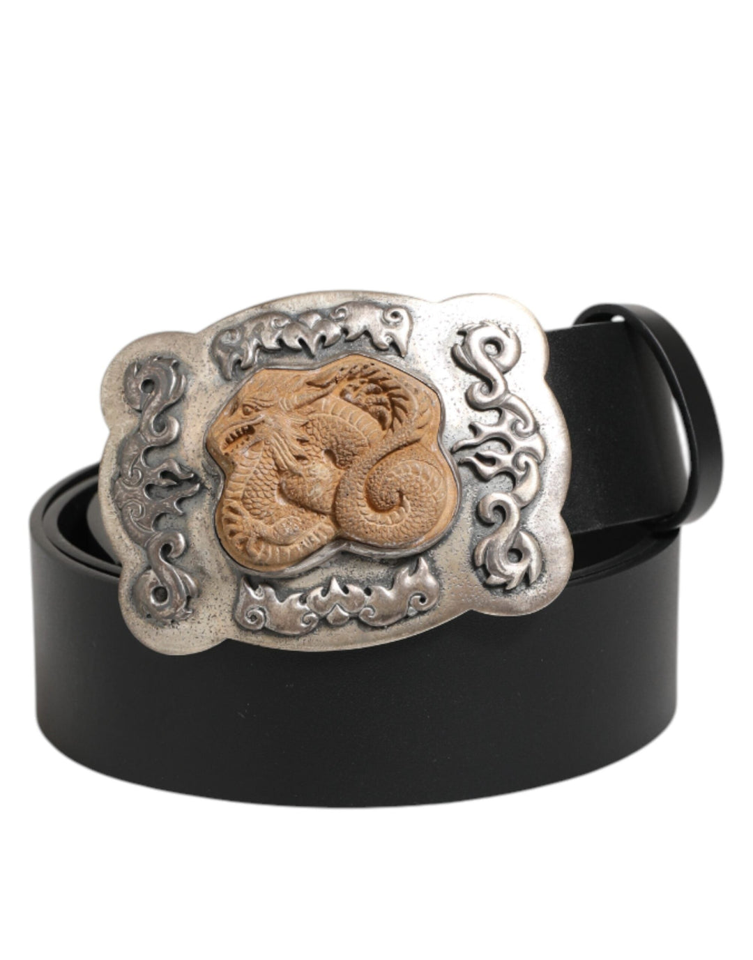 Dolce &amp; Gabbana Black Leather Gothic Dragon Metal Buckle Belt