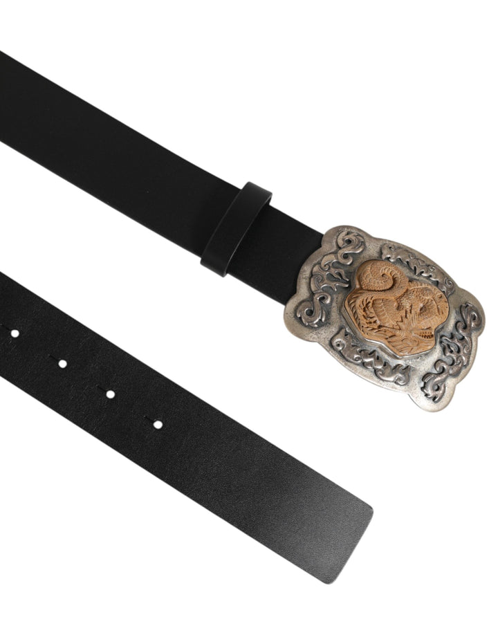 Dolce &amp; Gabbana Black Leather Gothic Dragon Metal Buckle Belt