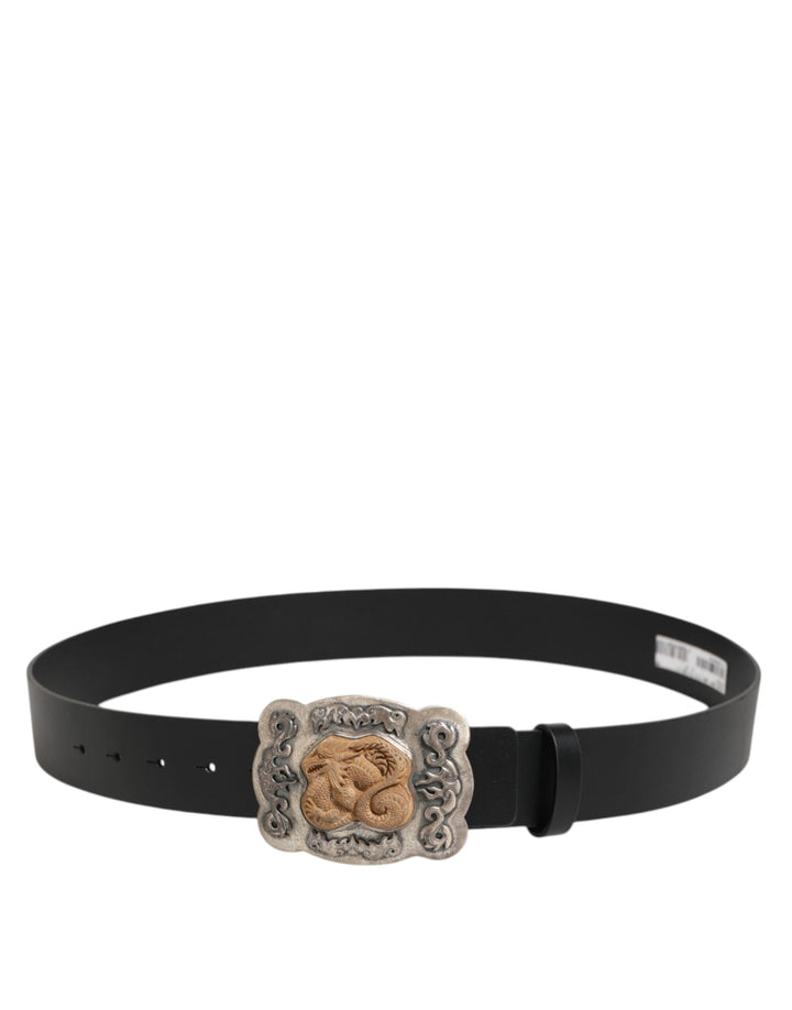 Dolce &amp; Gabbana Black Leather Gothic Dragon Metal Buckle Belt