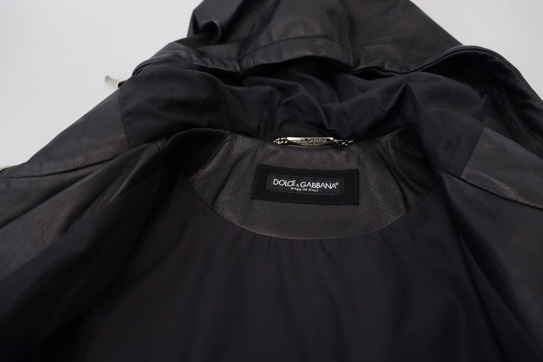 Men’s Dolce &amp; Gabbana Black Leather Hooded Blouson Coat Jacket