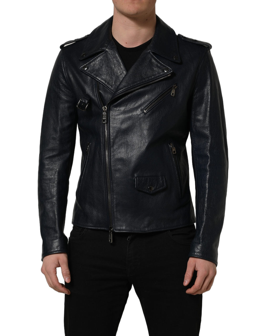 Men’s Dolce &amp; Gabbana Black Leather Men Biker Coat Goatskin Jacket