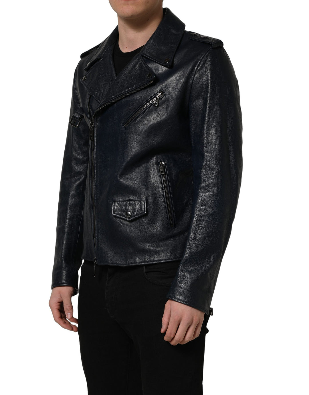 Men’s Dolce &amp; Gabbana Black Leather Men Biker Coat Goatskin Jacket