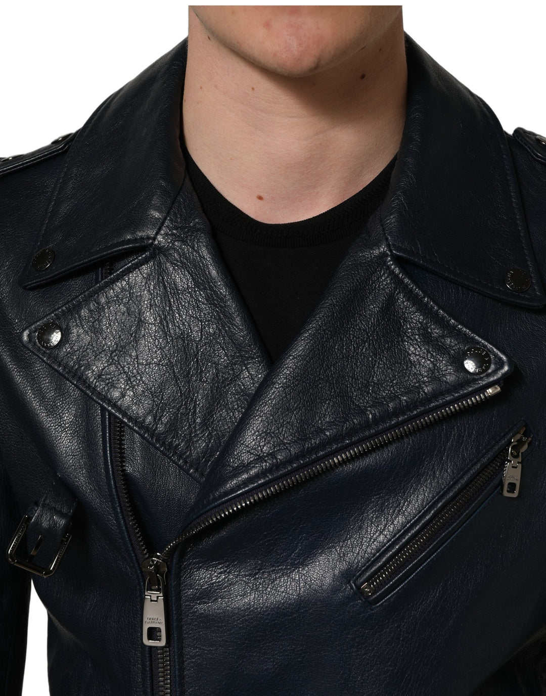 Men’s Dolce &amp; Gabbana Black Leather Men Biker Coat Goatskin Jacket