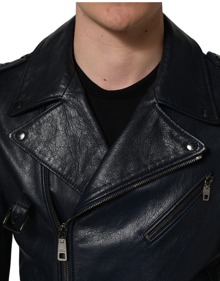 Men’s Dolce &amp; Gabbana Black Leather Men Biker Coat Goatskin Jacket