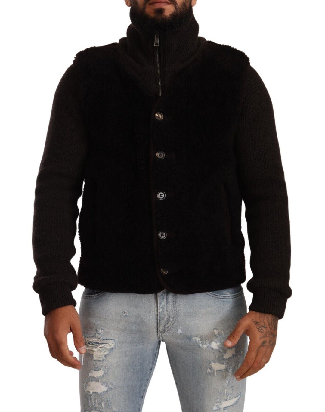 Men’s Dolce &amp; Gabbana Black Leather Mens Turtle Neck Coat Jacket