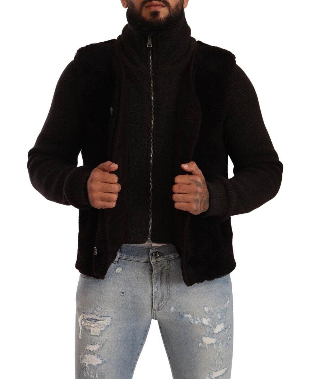 Men’s Dolce &amp; Gabbana Black Leather Mens Turtle Neck Coat Jacket