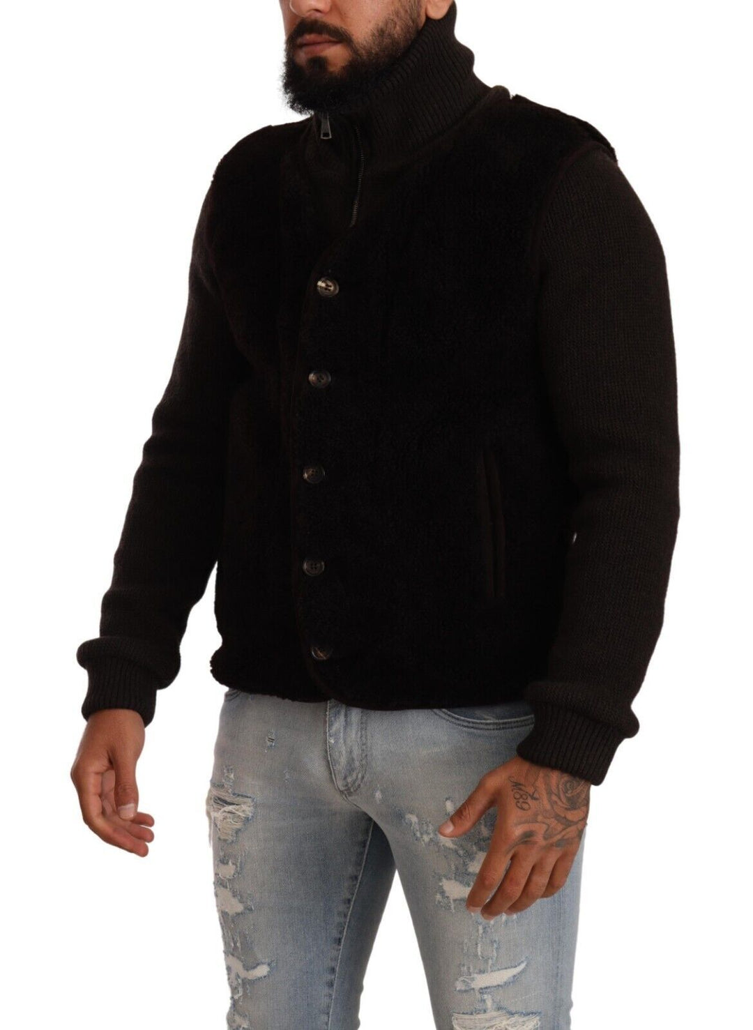 Men’s Dolce & Gabbana Black Leather Mens Turtle Neck Coat Jacket