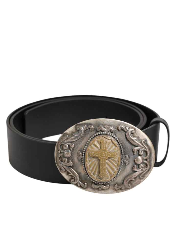Dolce &amp; Gabbana Black Leather Ornate Metal Buckle Men Belt