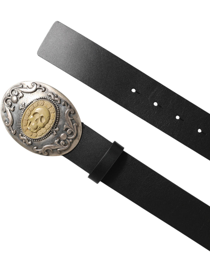 Dolce &amp; Gabbana Black Leather Ornate Metal Buckle Men Belt