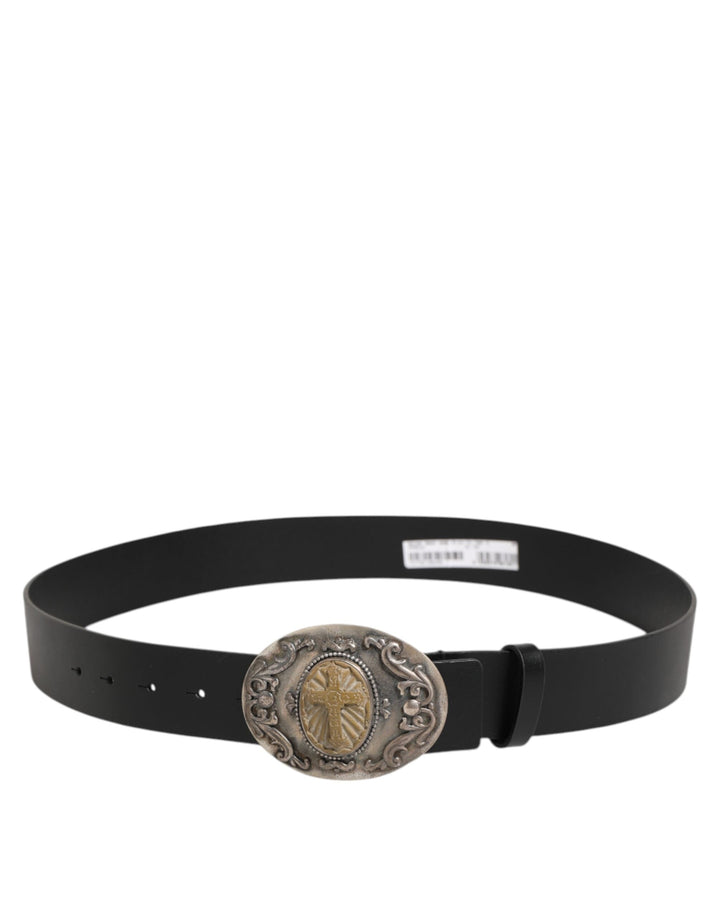Dolce &amp; Gabbana Black Leather Ornate Metal Buckle Men Belt