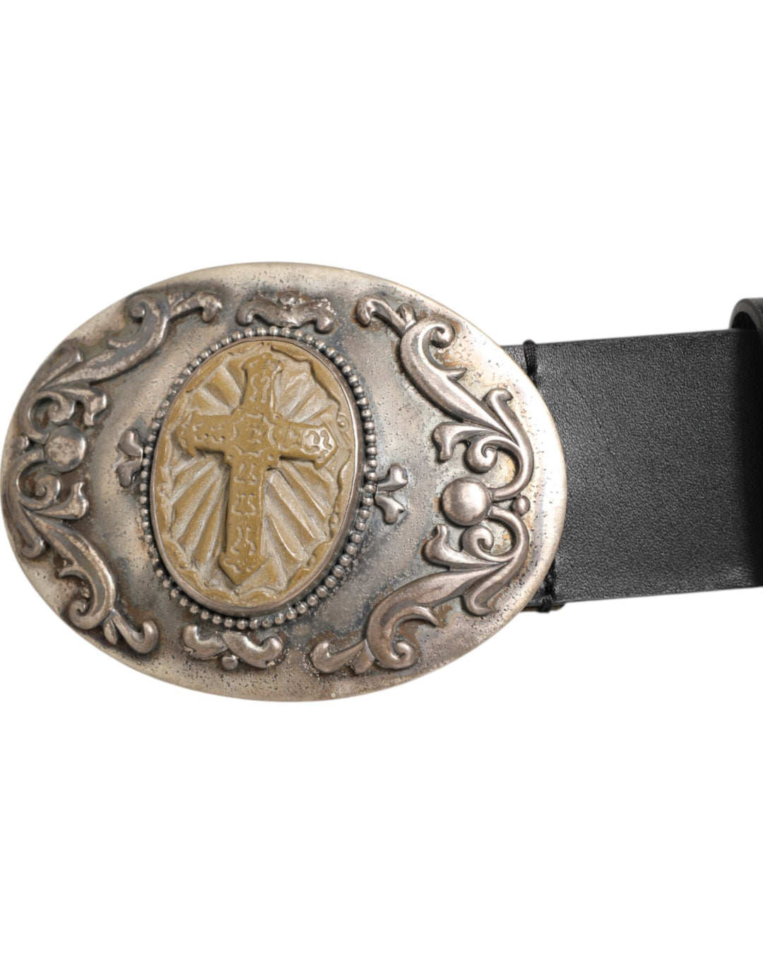 Dolce &amp; Gabbana Black Leather Ornate Metal Buckle Men Belt