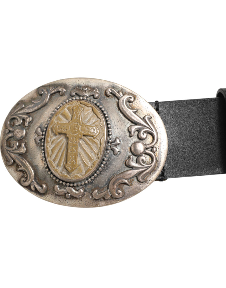 Dolce &amp; Gabbana Black Leather Ornate Metal Buckle Men Belt