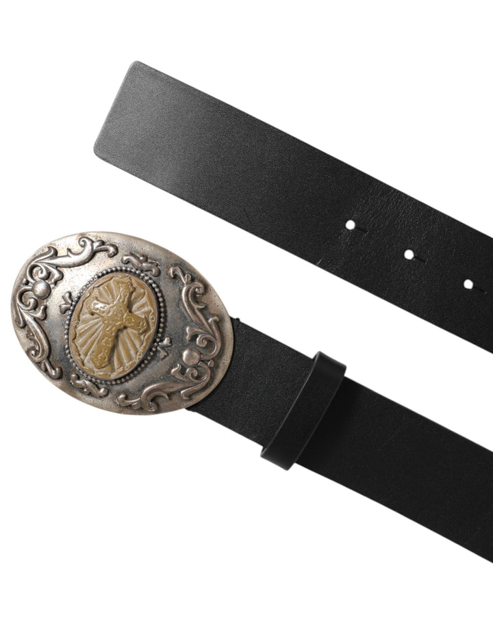 Dolce &amp; Gabbana Black Leather Ornate Metal Buckle Men Belt