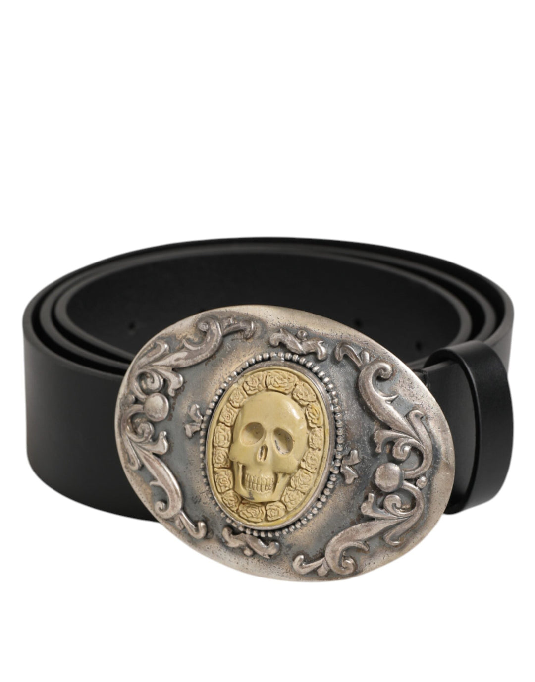 Dolce &amp; Gabbana Black Leather Ornate Metal Buckle Men Belt