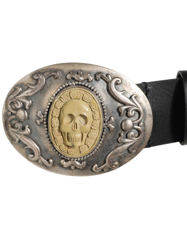 Dolce &amp; Gabbana Black Leather Ornate Metal Buckle Men Belt