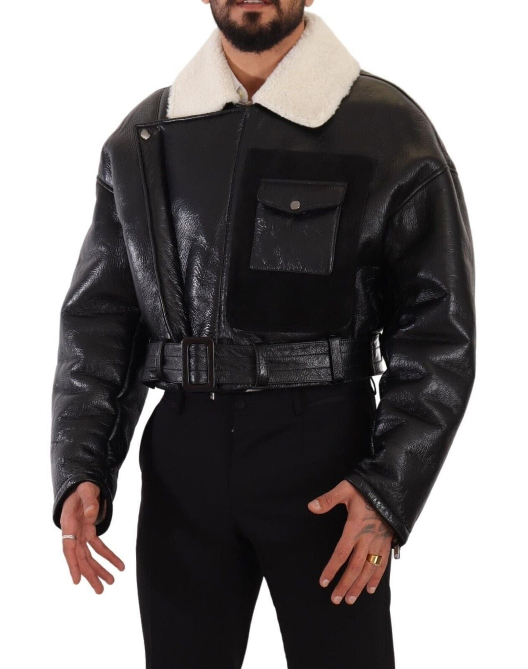 Men’s Dolce &amp; Gabbana Black Leather Shearling Biker Coat Jacket