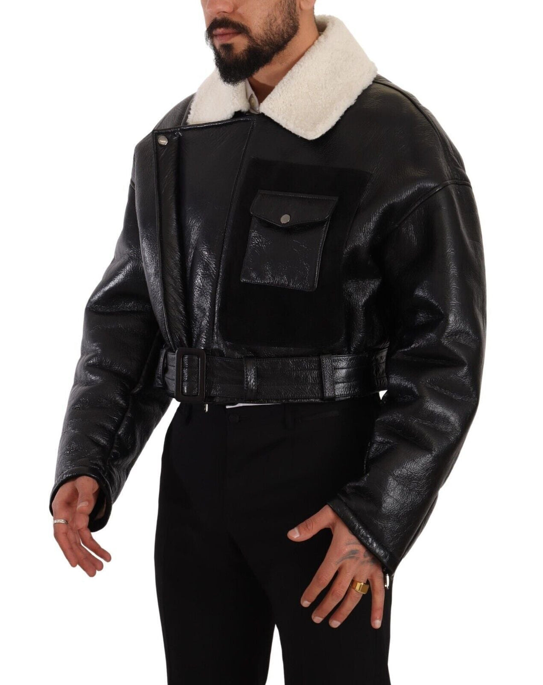 Men’s Dolce & Gabbana Black Leather Shearling Biker Coat Jacket