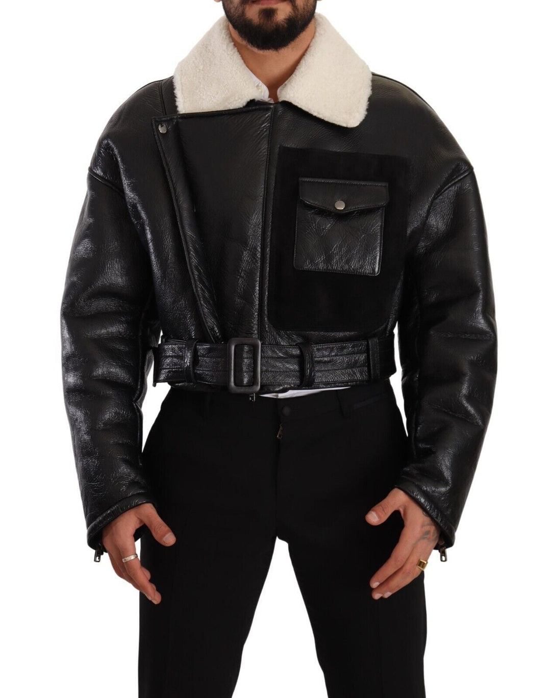 Men’s Dolce &amp; Gabbana Black Leather Shearling Biker Coat Jacket